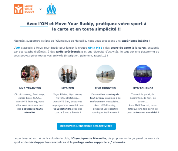 Landing Page de présentation du partenariat OM x Move Your Buddy pour des séances de sport à la carte sur Marseille