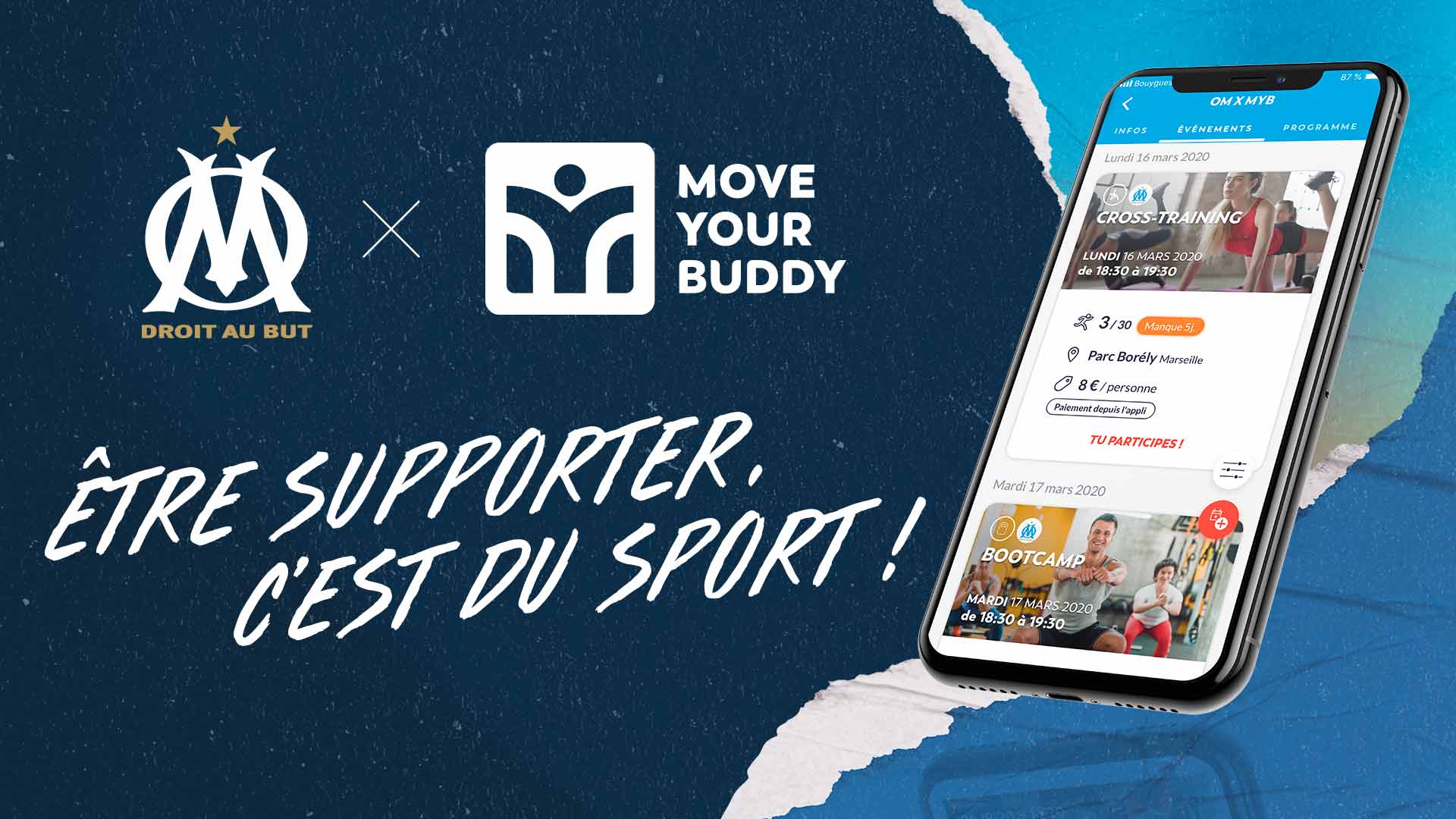 Visuel réseaux sociaux pour le partenariat OM x Move Your Buddy, pour des séances de sport à la carte sur Marseille